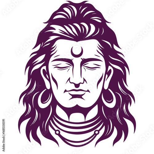 Lord Shiva Illustration with Serene Expression Symbolic Representation of Hindu Divinity and Spiritual Concepts in Decorative Dark Purple Tones