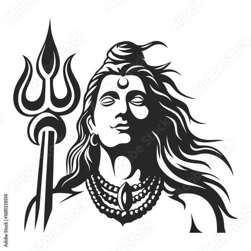 Lord Shiva Illustration of Hindu God with Trident and Beads, a Symbol of Spirituality and Divine Power in Monochrome