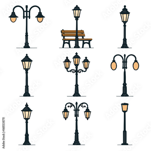 Pier lamp square various market street lantern alleyway vector bench lamps icon