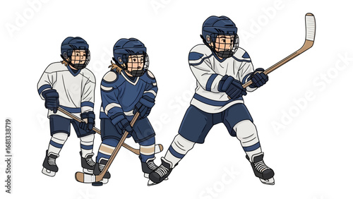 Photography Ice Hockey Players in Action: A dynamic illustration captures three ice hockey players, each in a moment of poised action, ready to engage in the thrilling game