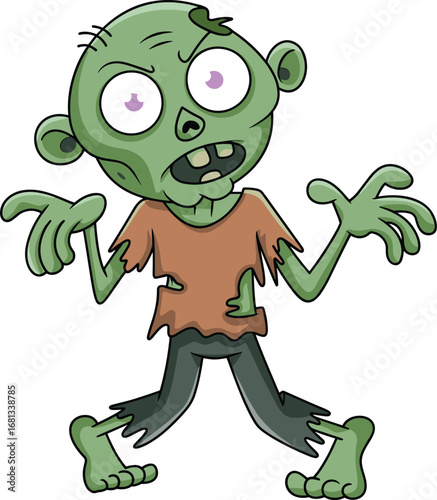 Cartoon zombie character, green skin, funny expression, vector illustration, tattered clothes, scary but cute, Halloween theme, isolated, stock image, humor