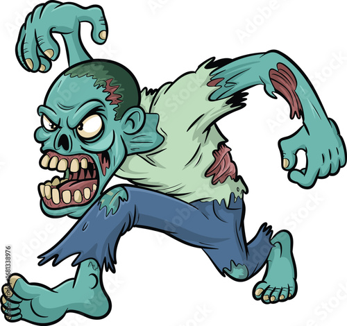 Cartoon zombie running forward, creepy undead character, scary monster artwork, Halloween horror illustration, aggressive pose, digital drawing, torn clothes, spooky design