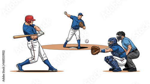 Dynamic Baseball Game: An action-packed baseball illustration captures the intensity of a baseball game, showcasing the pitcher's delivery, the batter's swing, and the catcher's anticipation.