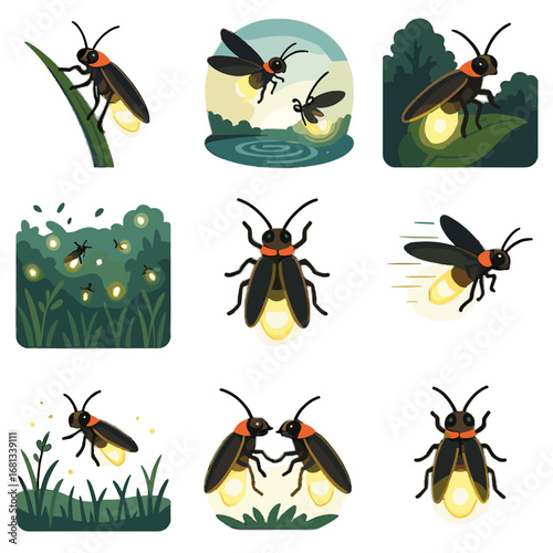 Grass fireflies isolated meeting icon trees set meadow glowing firefly vector