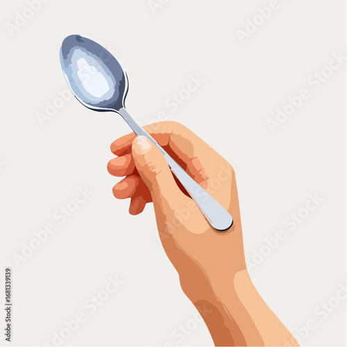 Hand Holding a Silver Spoon Against White Background