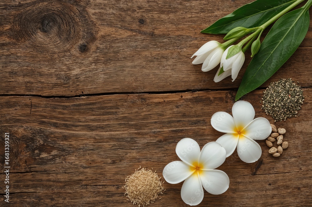 Naklejka premium Seasoned Tsibula displayed on a wooden surface, overhead shot with space for text.