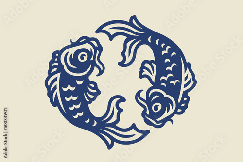 Two koi fish circular engraving style vector illustration