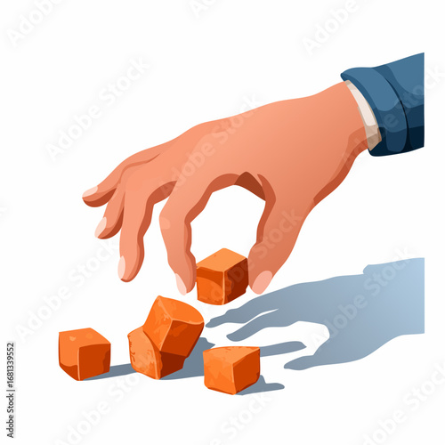 Hand Picking Orange Cubes on White Background