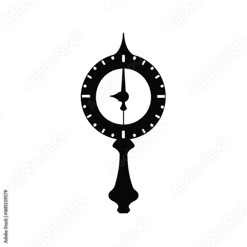 Vintage Wall Clock Icon - Black silhouette icon of a vintage wall clock with ornate design, circular dial, and decorative pendulum base, symbolizing time, tradition, and elegance.