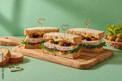 Wallpaper Mural Olive-topped tuna sandwiches displayed on a wooden platter Torontodigital.ca