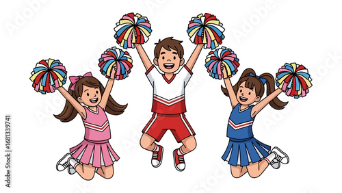 Cheerleaders in Action: A vibrant illustration showcases three energetic cheerleaders, bursting with enthusiasm as they jump and wave colorful pom-poms in a dynamic performance.