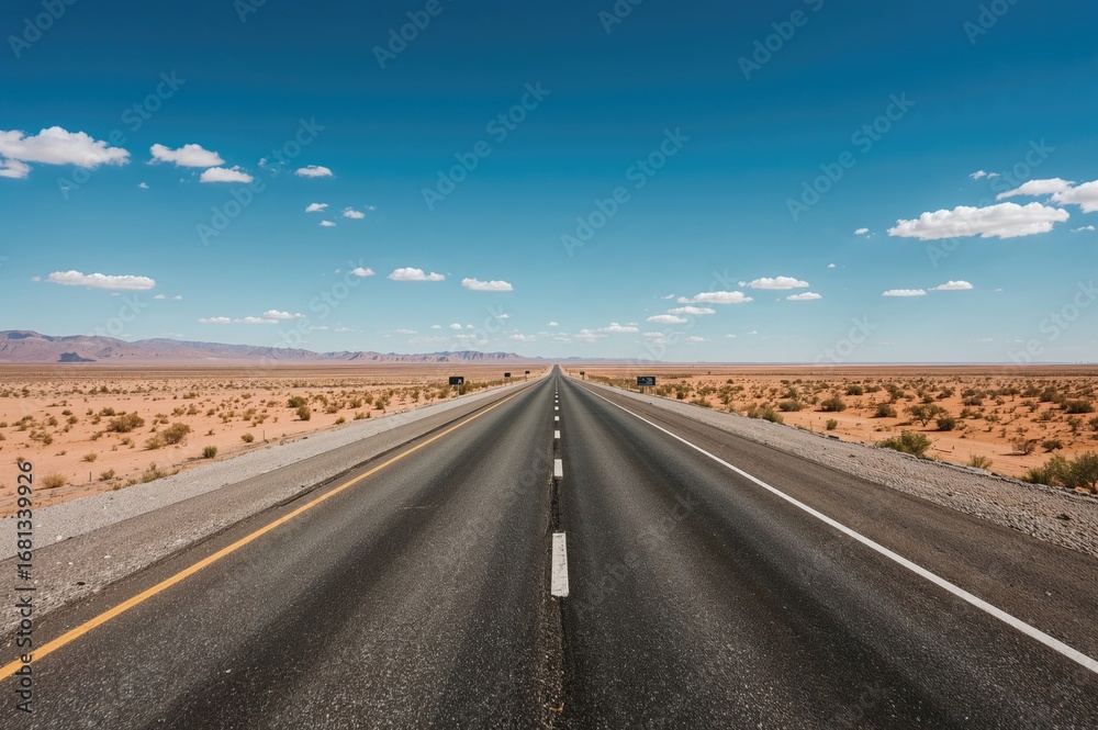 Naklejka premium Empty highway through a barren desert landscape