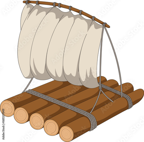 Wooden raft with sail floating on water, primitive boat design, nautical adventure, traditional transport, survival craft, vintage exploration concept