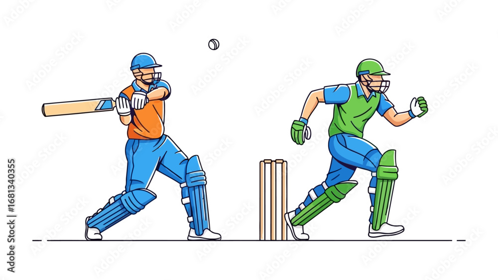 Obraz premium Cricket Match in Progress: A dynamic illustration of a cricket match unfolds, capturing the energy of a batsman preparing to strike a ball and a fielder poised to respond.