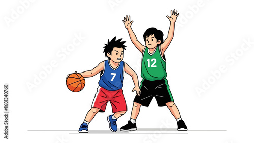 Basketball Competition: Two young athletes engage in a dynamic basketball game, showcasing the spirit of competition in a vibrant, clean illustration.