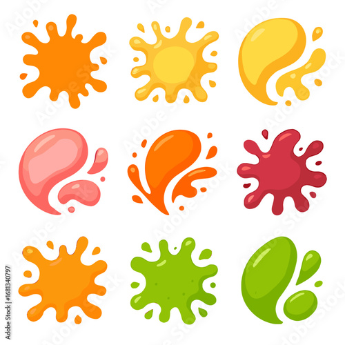Vector spill drop vibrant colorful juice icon splashes zesty orange lime papaya