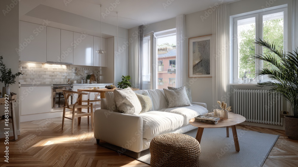 Fototapeta premium Scandinavian style studio apartment, oak flooring, white minimal kitchen, cozy sofa, soft daylight, photorealistic