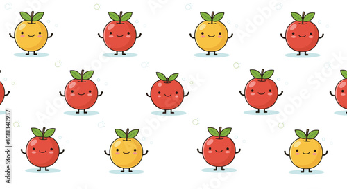 Cute red and yellow apples with happy faces and green leaves pattern