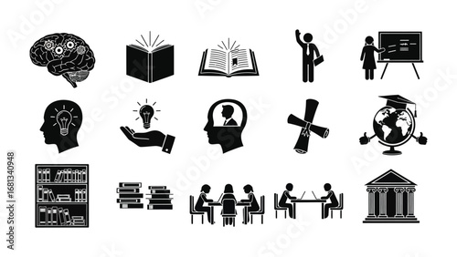 Knowledge Icon Set: A graphic depiction of educational concept. It portrays a brain, open book, light bulb, graduation cap and other learning icons and other symbols.