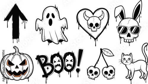 Halloween spooky vector graphics set with dripping effect art