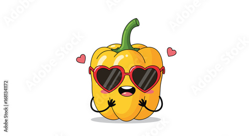 Adorable yellow bell pepper wearing heart shaped sunglasses feeling the love and sunshine
