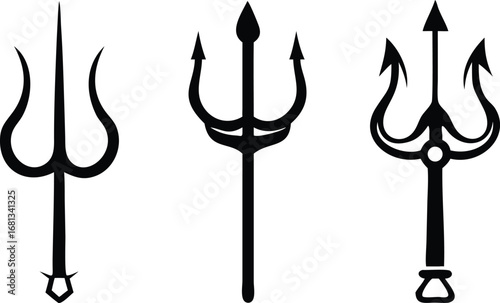 Three Trident Variations Displayed Side by Side Trident a Spear with Three Prongs Symbolizes Power Authority and Maritime Dominion