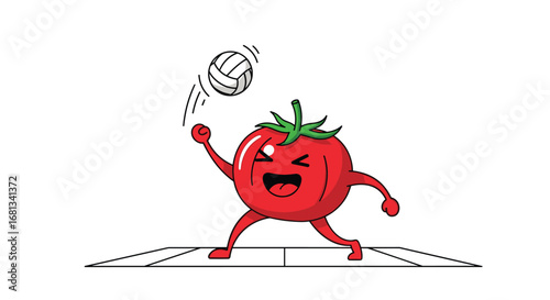 A funny cartoon tomato playing volleyball on a court hitting the ball with its hand