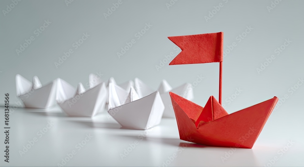 Naklejka premium Red paper boat leading a line of white paper boats
