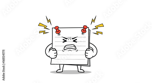 Angry stressed paper character with thumbtacks and lightning bolt stress lines