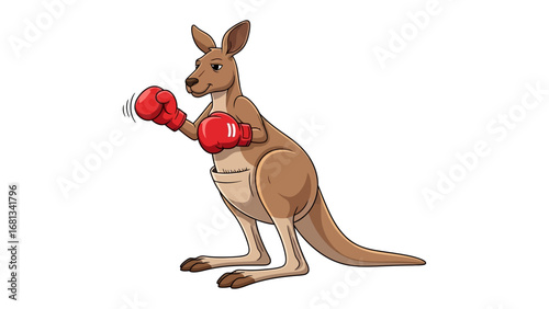 Kangaroo Boxer: A strong kangaroo with bright red boxing gloves strikes a pose, a cartoon depiction of strength, agility, and the joy of play.