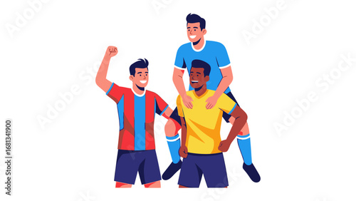 Soccer Players Celebrate Victory: Three soccer players celebrate triumphantly, with two players lifting their teammate in a vivid display of teamwork and success.