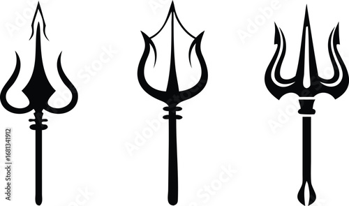 Three Trident Variations in Black and White Graphic Renderings Displaying Various Designs of the Mythological Weapon on a White Background