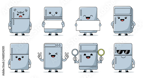 Cute cartoon refrigerators expressing various emotions and actions holding signs and accessories