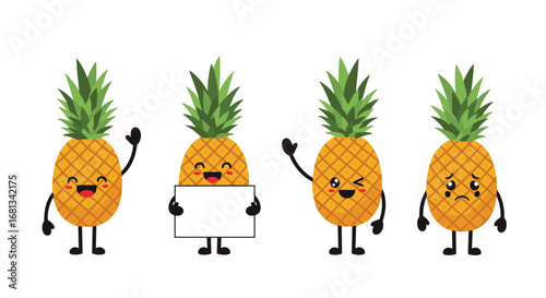 Cute kawaii style pineapple characters showing different emotions and poses together