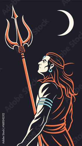 Lord Shiva with Trishul Against Dark Background and Crescent Moon Artistic Depiction