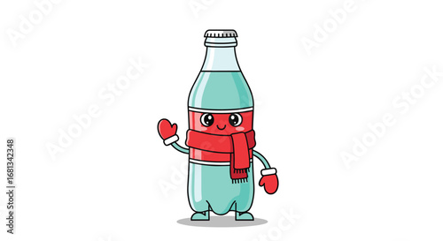 Cute cartoon bottle character wearing a scarf and mittens waving hello