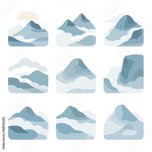 Icon haze alpine icons spilling mountain silhouette highland fog pale mist vector