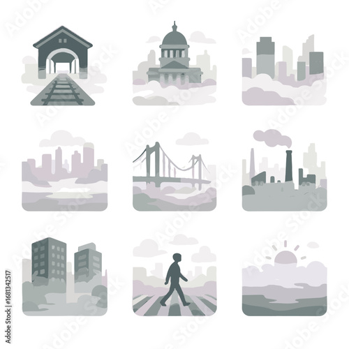 Mist skyscrapers fog skyline vector urban horizon pedestrian icon hazy between morning