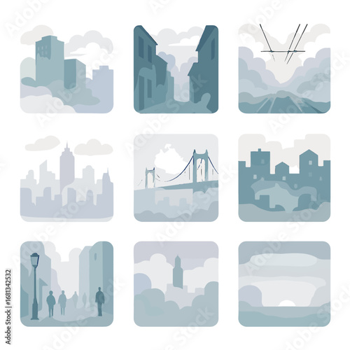 Haze curtain vectors apartment vector over urban alleyway icon sweeping mist fog