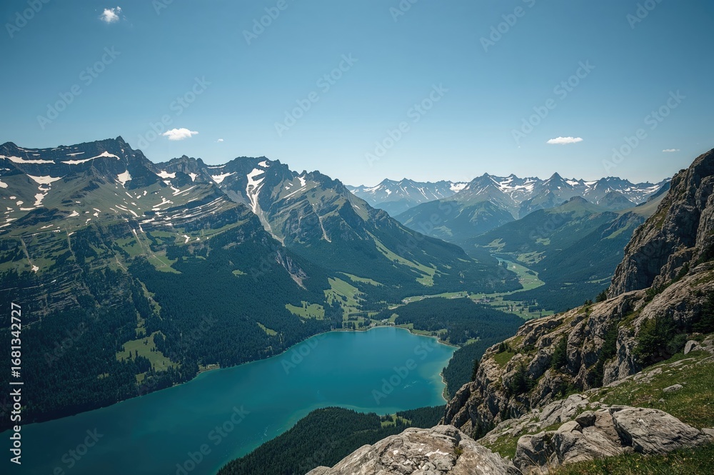 Obraz premium Breathtaking aerial view from a mountain summit showcasing snowy peaks, vibrant forests, and a vast blue lake in the alpine region. A perfect destination for adventurers and shutterbugs.