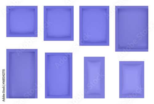 Set of blue sachets in various shapes and sizes. Square and rectangular, vertical and horizontal. Cosmetic samples, skincare products, food supplements, tea bags, or single-use items