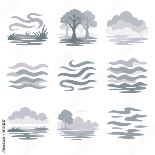 Swamp over mist icon vector horizon outlines drifting marsh icons vapor fog
