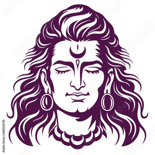 Monochromatic Depiction of Shiva's Serene Countenance A Symbol of Spirituality Divine Harmony and Inner Peace Illustrated Artistically in Purple