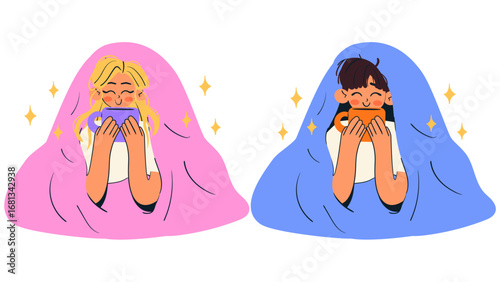 People drinks hot drink wrapped in a warm blanket. Girl and boy enjoying lazy good morning. Isolated vector illustration.	