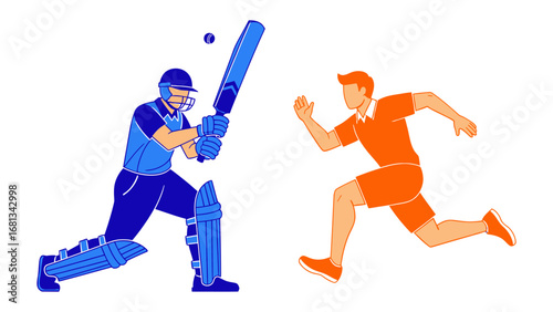 Cricket Match Illustration: Dynamic illustration depicting the exciting moment of a cricket match, showcasing the batsman taking a shot and the fielder in action. Capturing the dynamism.