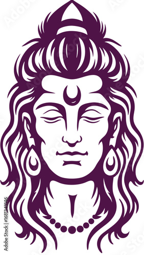 Lord Shiva Meditative Face with Crescent Moon Ornamental Hair and Necklace Illustration of Hindu God Spiritual Religious Iconography Divine Representation