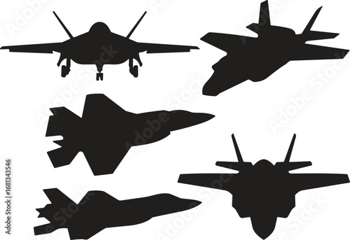 Fighter jet silhouette, stealth aircraft icon, miliside view aircraft, combat planeFighter jet silhouette, stealth aircraft icon, military aviation graphic, warplane vector, top view jet,