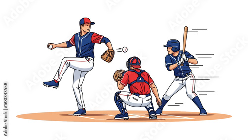Baseball game illustration: A dynamic illustration captures the essence of a baseball game, featuring a pitcher in motion, a poised batter, and a catcher in readiness.