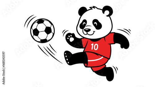 Playful Panda Kicking Soccer Ball: A panda wearing a red jersey with the number 10 is joyfully kicking a soccer ball, perfect for promoting sportsmanship and the love of the game.
