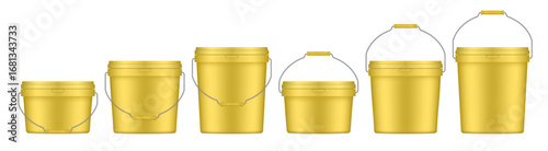 Yellow plastic buckets with metal handle and lid. Vector mockup of a food or building mixtures packaging. A bucket of paint or putty. Small, medium and large sizes